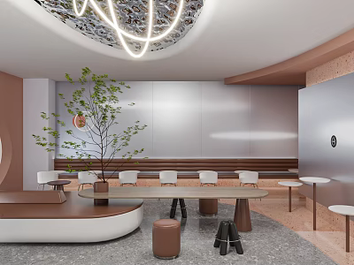 Modern Bubble Tea Shop Interior Design With Green Plant Tables And Chandelier Lighting 3d model