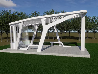 Modern White Garden Pavilion with Arched Design in Green Lawn and Trees 3d model