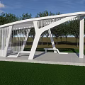 Modern White Garden Pavilion with Arched Design in Green Lawn and Trees