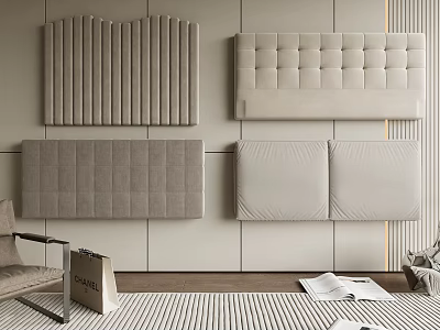 Upholstered Headboards In Various Designs On Light Colored Walls With Striped Rug And Accent Pieces 3d model