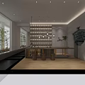 Elegant Indoor Corridor With Stone Path Bamboo Windows Grid Wall Storage And Hanging Lamp 3d model