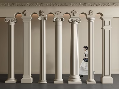 Elegant White Decorative Columns with Person in Modern Indoor Arrangement 3d model