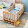 Wooden Kids Bed with Gray Polka Dot Mattress Blue Pillow and Yellow Step in Room
