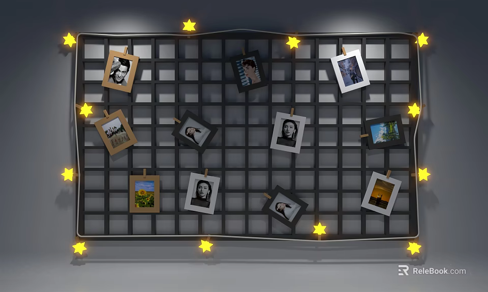Modern Photo Wall Grid Style With Many Photos And Yellow Star Lights 3d model 