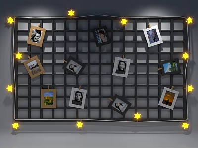 Modern Photo Wall Grid Style With Many Photos And Yellow Star Lights 3d model