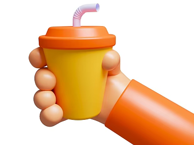 Hand Holding Yellow Drink Cup With Orange Lid And Straw 3d model