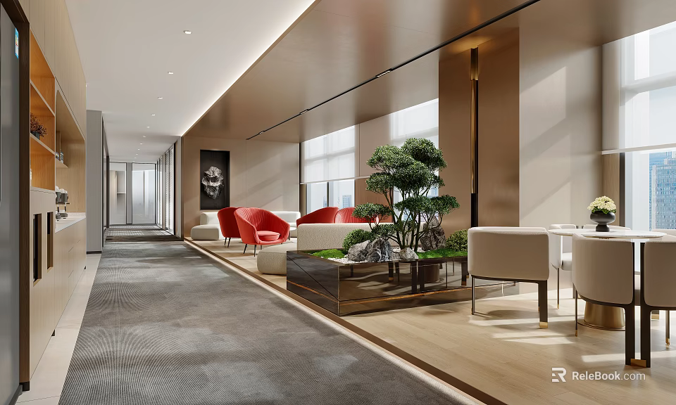 Modern Lounge Area Interior With Red Sofas Potted Pine Tree And Large Windows 3d model 