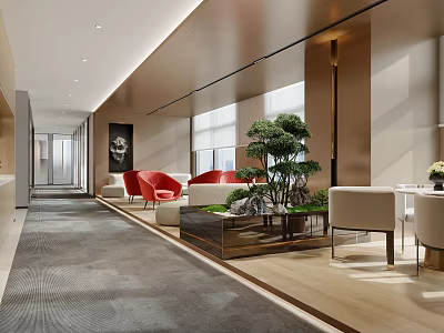 Modern Lounge Area Interior With Red Sofas Potted Pine Tree And Large Windows 3d model