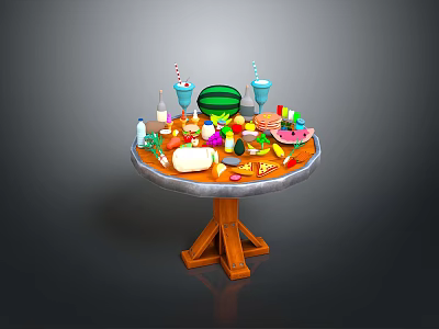 Round Wooden Table With Fresh Fruits Colorful Drinks And Various Food Items 3d model