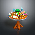Round Wooden Table With Fresh Fruits Colorful Drinks And Various Food Items