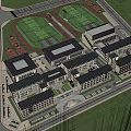 School Buildings Complex Surrounded By Football Field Track Trees Roads And Tall Buildings