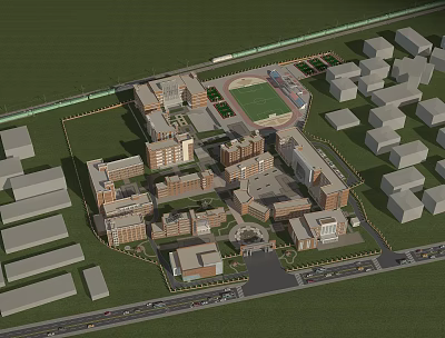 Aerial View Of School Campus With Multiple School Buildings Sports Field Green Lawns And Roads 3d model