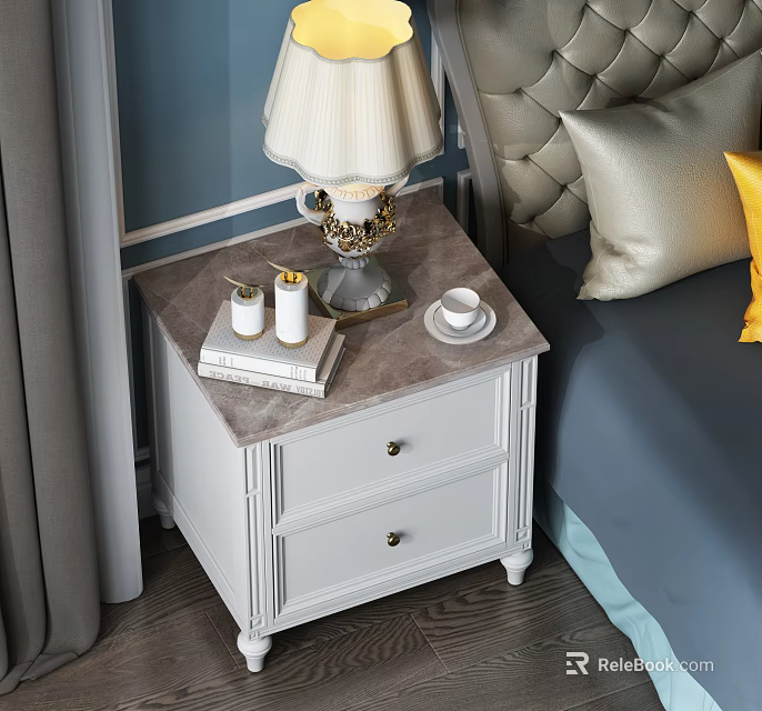 White Nightstand With Two Drawers And Marble Top Featuring Lamp Books Candle And Cup 3d model 
