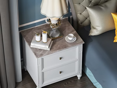 White Nightstand With Two Drawers And Marble Top Featuring Lamp Books Candle And Cup 3d model