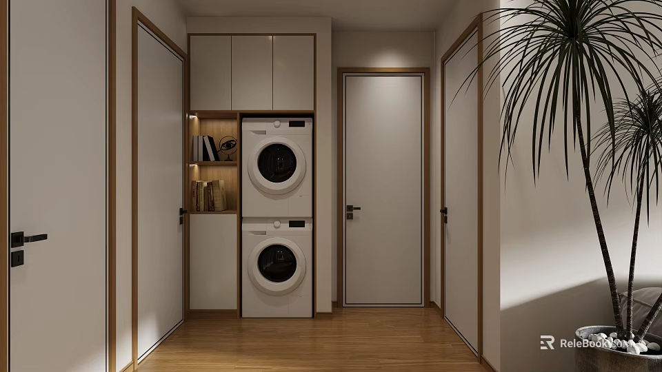 Modern Kitchen and Dining Room Open Space Design With Washing Machines Cabinets And Wooden Floors 3d model 
