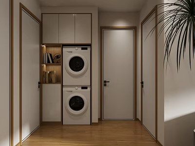Modern Kitchen and Dining Room Open Space Design With Washing Machines Cabinets And Wooden Floors 3d model