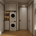 Modern Kitchen and Dining Room Open Space Design With Washing Machines Cabinets And Wooden Floors