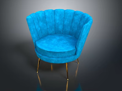 Blue Velvet Single Sofa With Scalloped Back And Gold Metal Legs 3d model