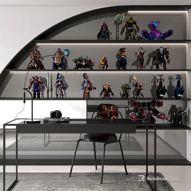 Action Figures On Multi Tiered Curved Shelves In Modern Illuminated Room With Desk And Chair 3d model 