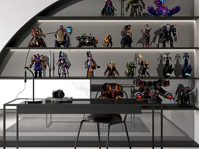 Action Figures On Multi Tiered Curved Shelves In Modern Illuminated Room With Desk And Chair 3d model