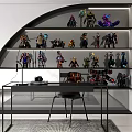 Action Figures On Multi Tiered Curved Shelves In Modern Illuminated Room With Desk And Chair