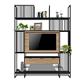 Multi Tiered TV Shelf Unit With Wooden Shelves Black Metal Frame And Potted Plants