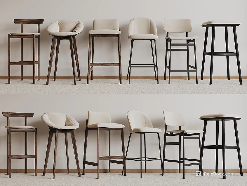 Modern Bar Stools With Wooden And Metal Frames In Various Styles And Designs 3d model 