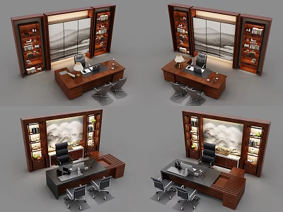 Wooden Office Desk with Built in Bookshelves and Ergonomic Office Chairs Featuring Scenic Wall Art 3d model