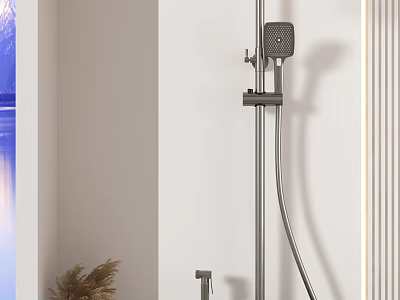 Modern Handheld Showerhead On White Bathroom Wall With Stainless Steel And Decorative Plant 3d model