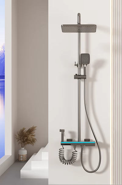 Modern Handheld Showerhead On White Bathroom Wall With Stainless Steel And Decorative Plant 3d model