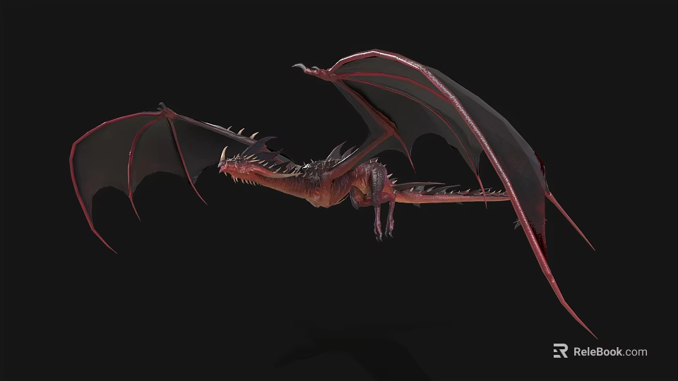 Mythical Winged Dragon With Red Black Scales Spread Wings And Spikes 3d model 