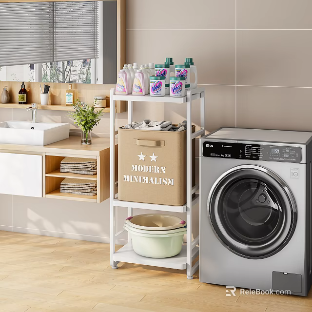 Modern Minimalist Bathroom Cabinet Rack with Toiletries Storage Box and Washing Machine 3d model 