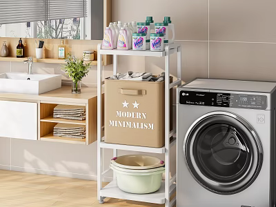 Modern Minimalist Bathroom Cabinet Rack with Toiletries Storage Box and Washing Machine 3d model
