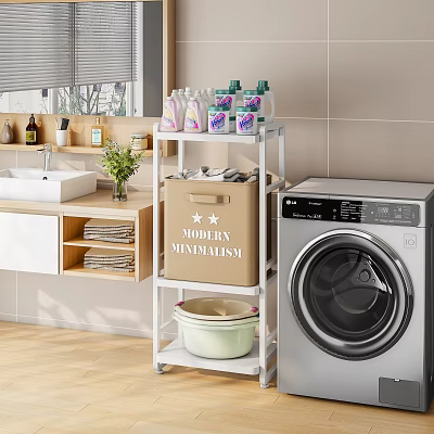 Modern Minimalist Bathroom Cabinet Rack with Toiletries Storage Box and Washing Machine 3d model