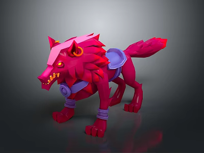 Vibrant Red Wolf Sculpture With Sharp Fangs Glowing Eyes And Purple Accents 3d model