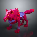Vibrant Red Wolf Sculpture With Sharp Fangs Glowing Eyes And Purple Accents