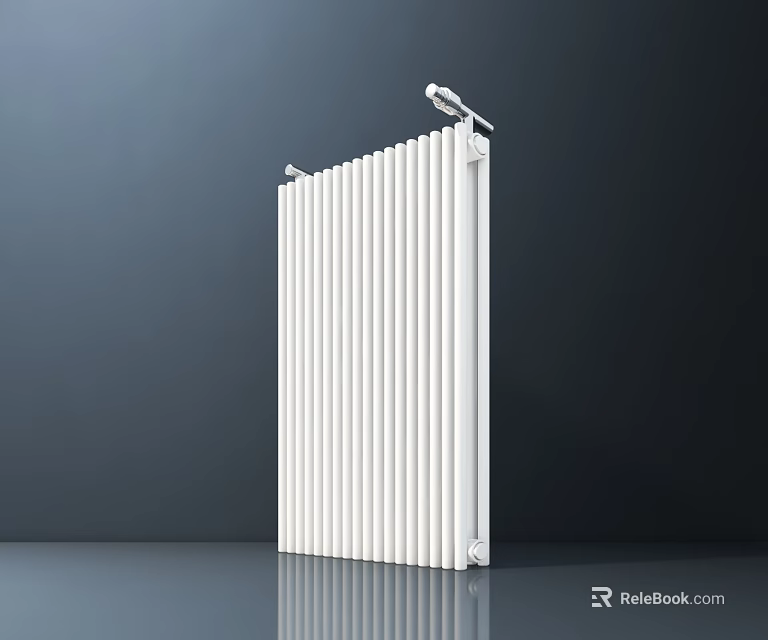 White Radiator With Multiple Vertical Tubes Against Dark Wall And Gray Floor 3d model