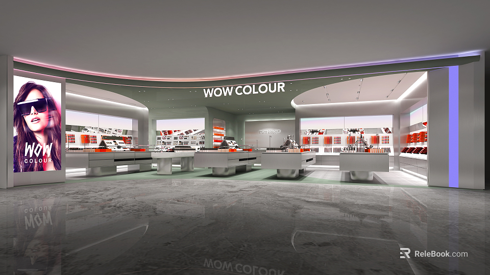 Modern Spacious WOW COLOUR Store With Display Counters And Product Shelves 3d model 