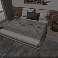 Modern Double Bed With Grey Blanket White Pillows Wooden Nightstands Lamps And Window Curtains