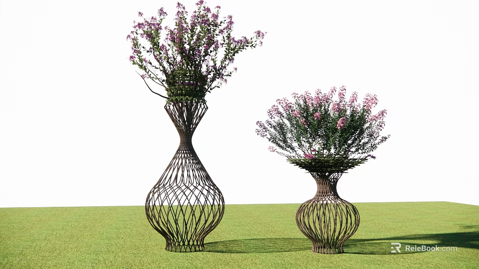 Ornamental Trees In Wicker Vase Shaped Planters With Purple Flowers On Green Lawn 3d model 