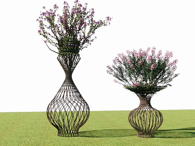 Ornamental Trees In Wicker Vase Shaped Planters With Purple Flowers On Green Lawn 3d model