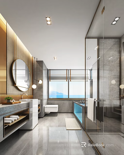 Modern Luxury Hotel Bathroom Interior With Glass Shower Marble Countertop And Scenic Window View 3d model 