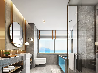 Modern Luxury Hotel Bathroom Interior With Glass Shower Marble Countertop And Scenic Window View 3d model