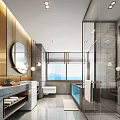 Modern Luxury Hotel Bathroom Interior With Glass Shower Marble Countertop And Scenic Window View