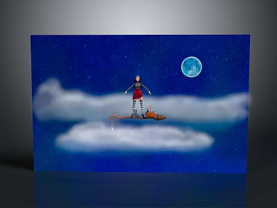 Character With Pet Creature Standing On Clouds Under Starry Sky And Full Moon 3d model