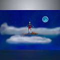 Character With Pet Creature Standing On Clouds Under Starry Sky And Full Moon