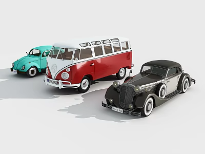 Vintage Car Collection Featuring Blue Beetle Red White Bus And Black Classic 3d model