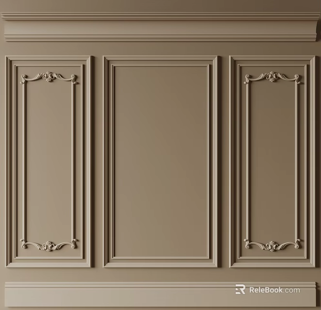 Decorative Plaster Molding on Light Brown Wall Panels with Ornamental Patterns and Sleek Design 3d model 