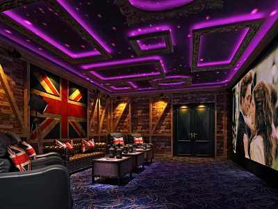 Luxurious KTV Interior With Purple Lighting Geometric Ceiling Brick Walls And Large Screens 3d model