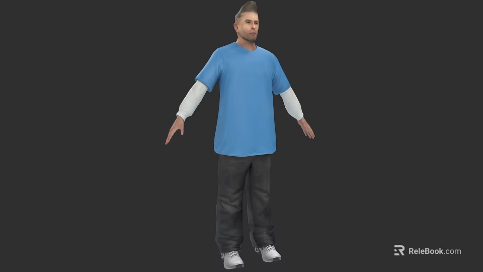 Man In Blue Shirt White Sleeves Black Pants White Shoes Arms Outstretched On Dark Background 3d model 